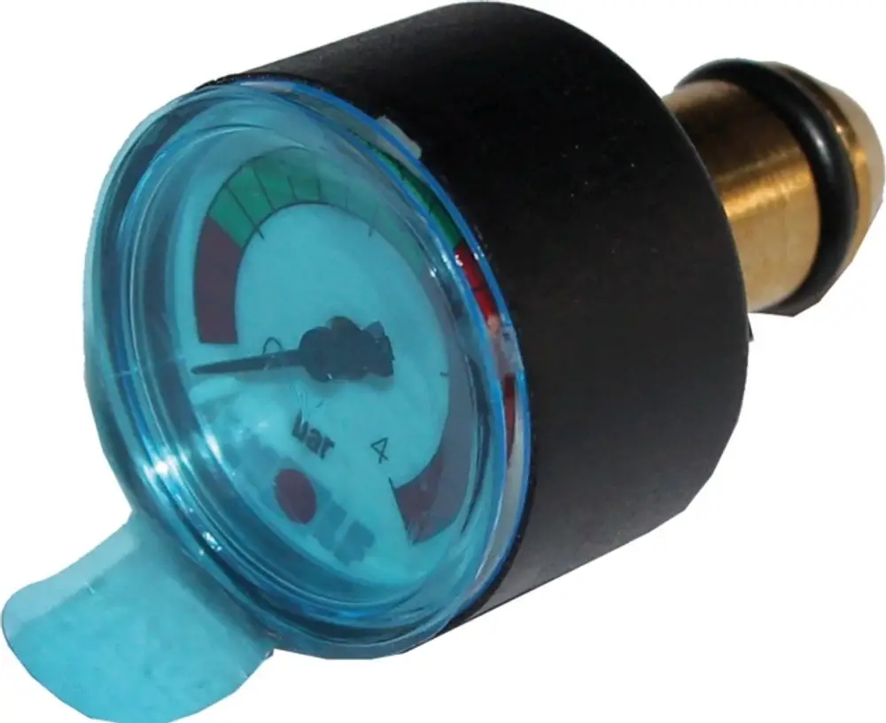 Einsteckmanometer von Wolf zur Druckmessung, mit einer Skala in bar. Transparentes Gehäuse und anschauliche Anzeige für verschiedene Druckbereiche.